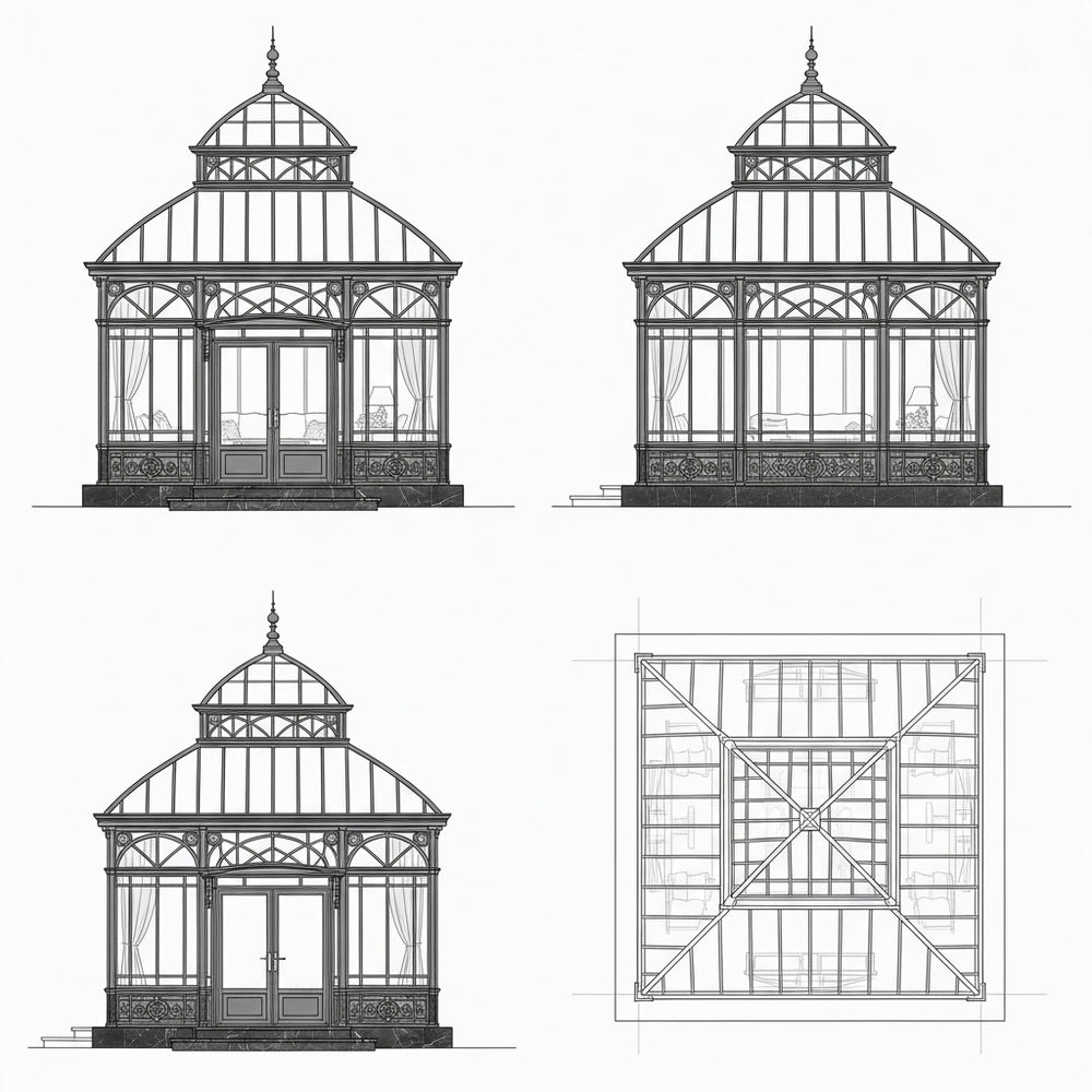 Technical drawings of a glasshouse from different angles on a white background