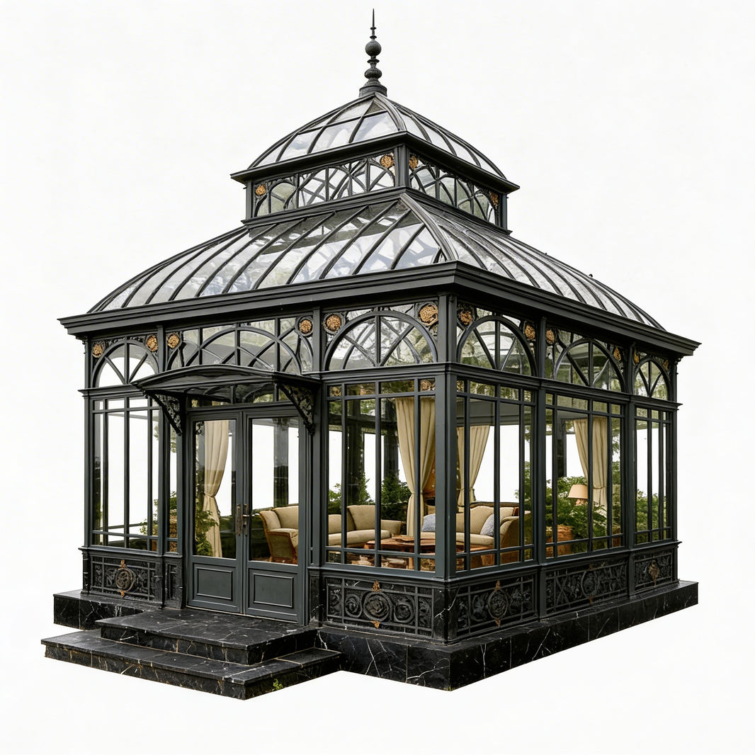 Ornate glasshouse with interior furniture on a white background