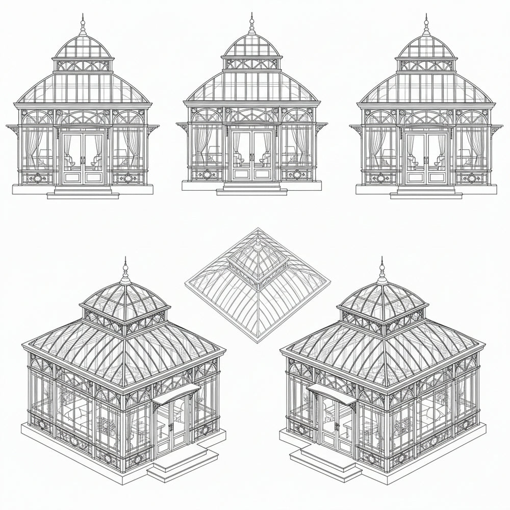 Set of six black and white illustrations of glasshouses on a white background