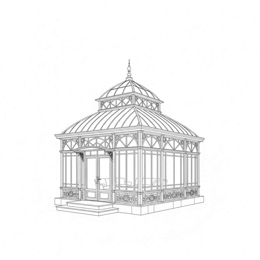 Line drawing of a Victorian-style glasshouse on a white background