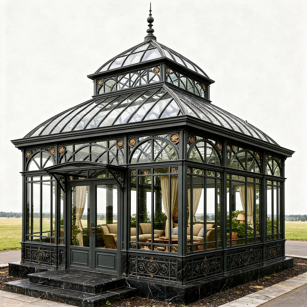 Large ornate glasshouse with a domed roof in a garden setting