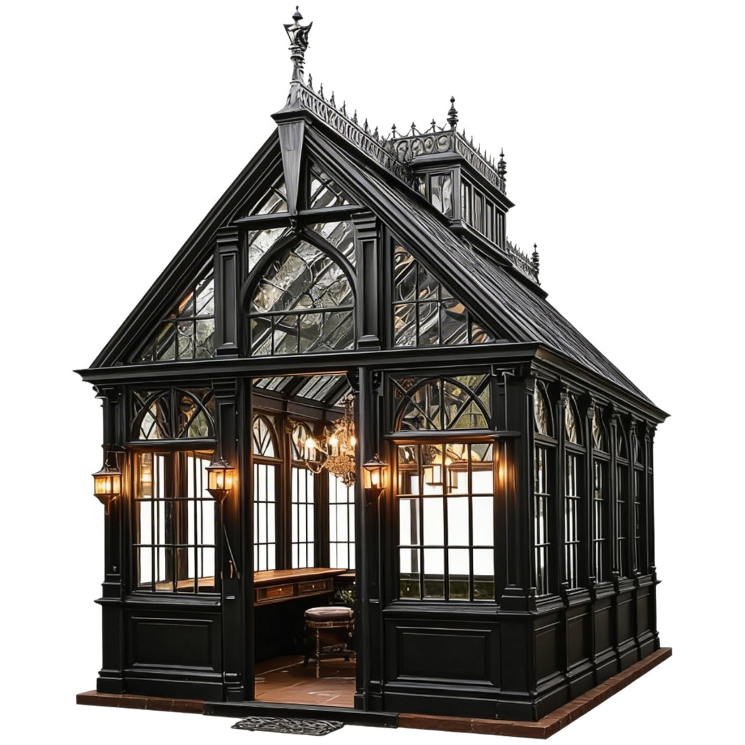 Gothic-style glasshouse with ornate detailing on a white background