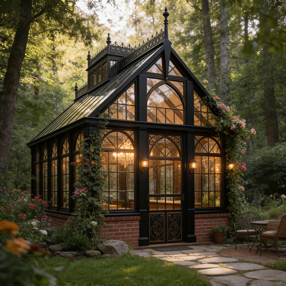 Gothic-style glass house in a forest setting with flowers and lights.