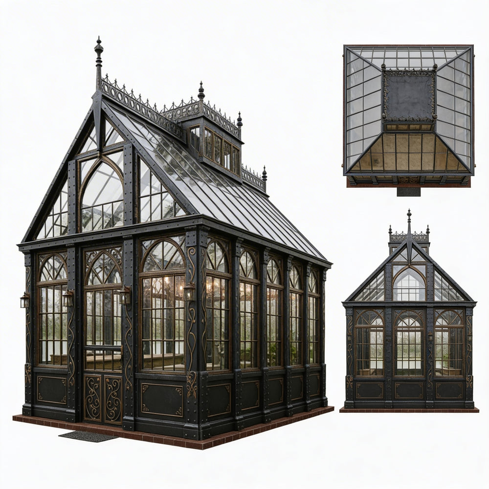 Gothic-style glasshouses with intricate designs on a white background