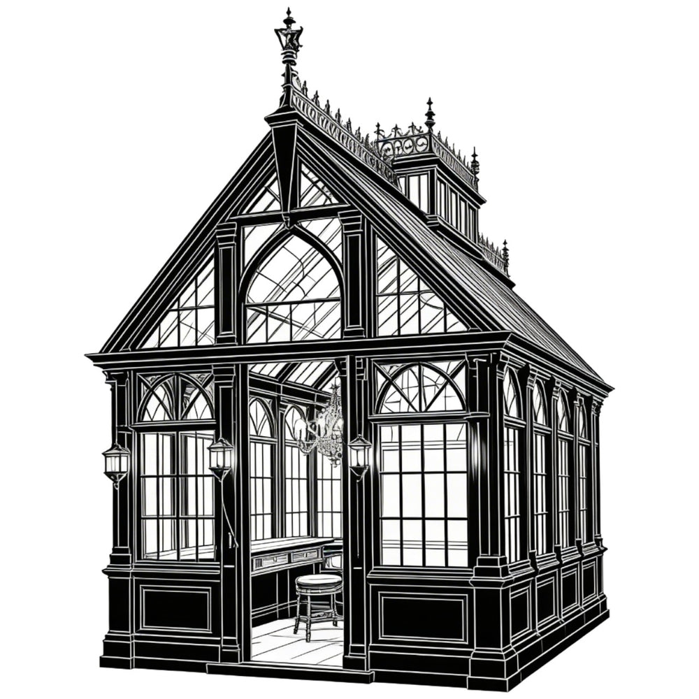 Black and white illustration of a Victorian-style glasshouse with intricate detailing.