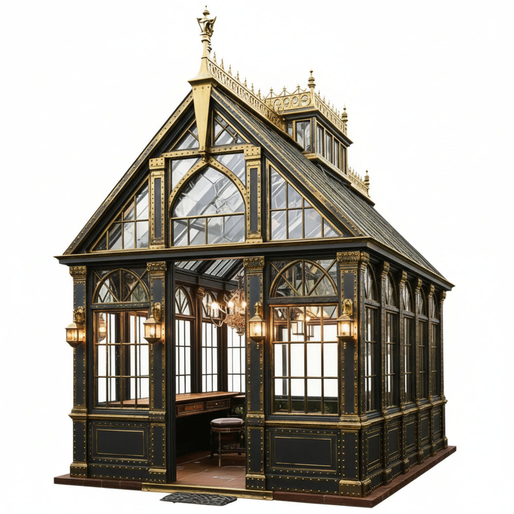 Decorative glasshouse with ornate black and gold detailing on a white background