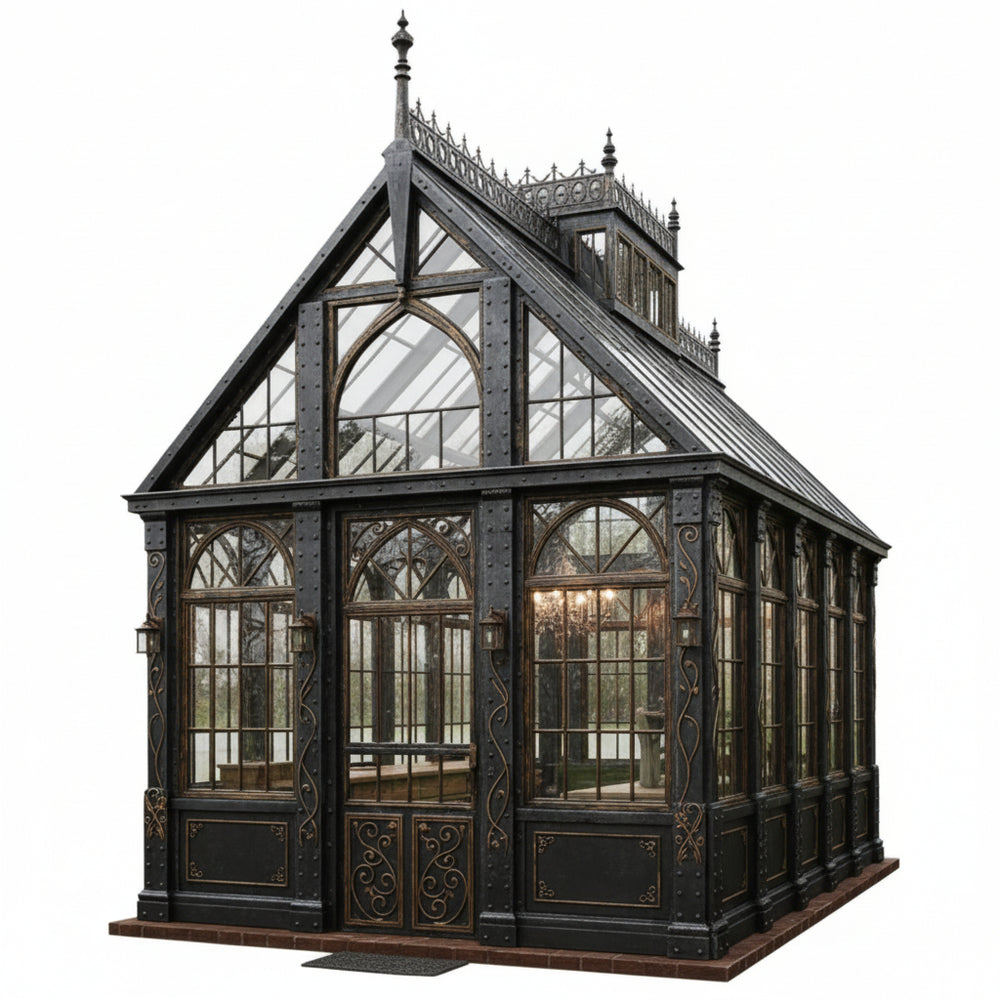 Gothic-style glasshouse with intricate metalwork on a white background