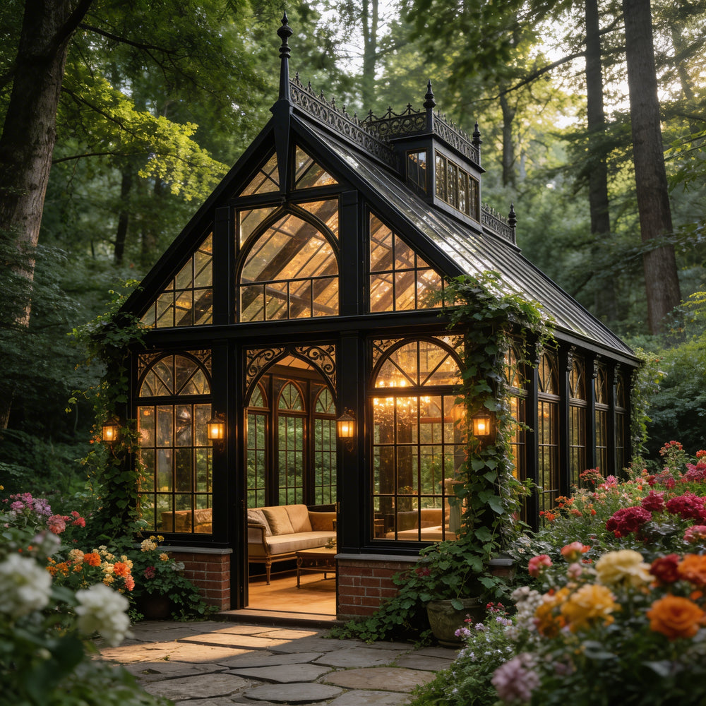 Gothic-style glass house in a forest with flowers and lights