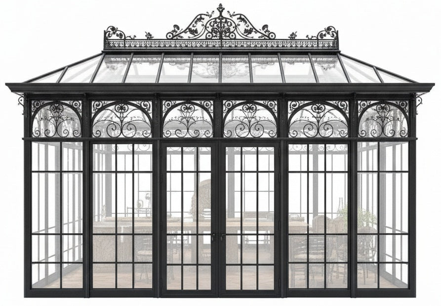 Decorative glasshouse with intricate ironwork on a white background