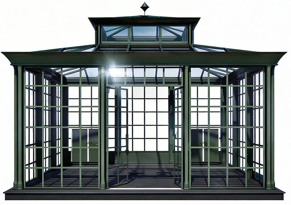 Modern glass conservatory with raised roof and steel framing