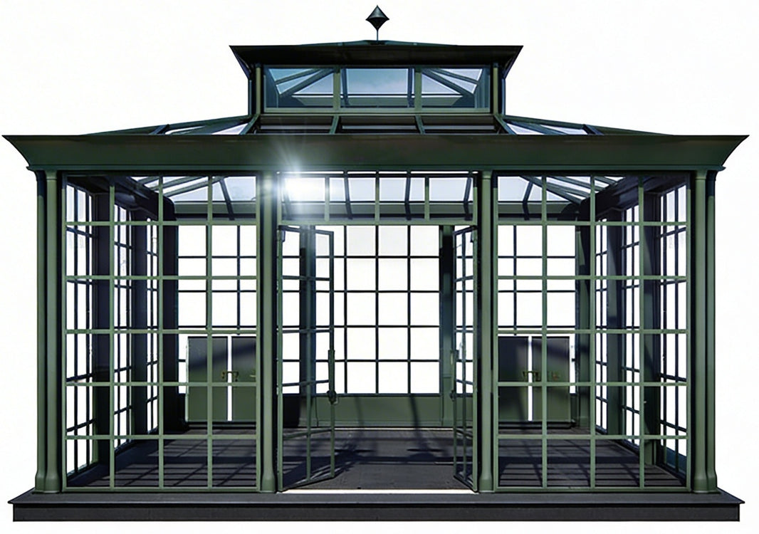 Modern glass conservatory with raised roof and steel framing