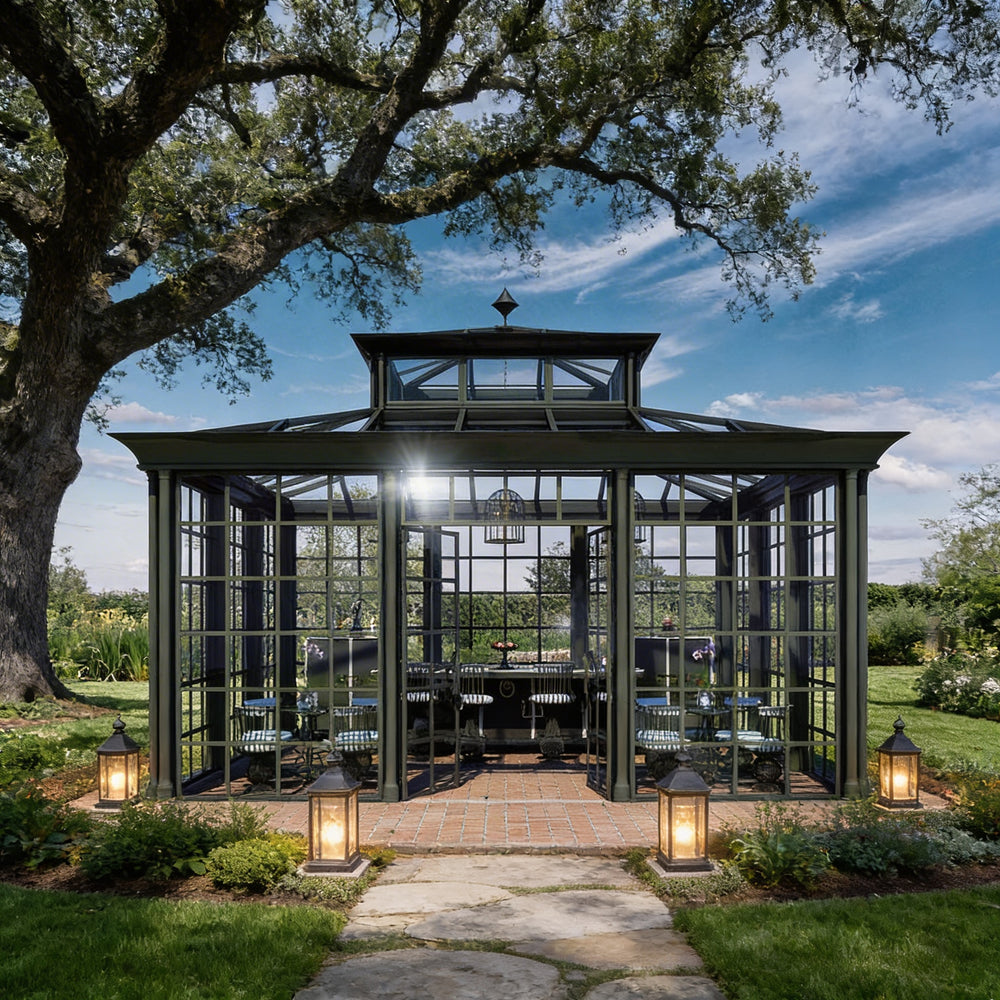 Modern steel‑frame greenhouse with tempered glass walls