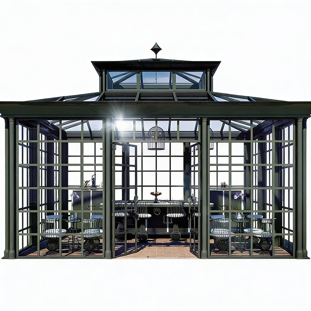 Modern steel‑frame greenhouse with tempered glass walls