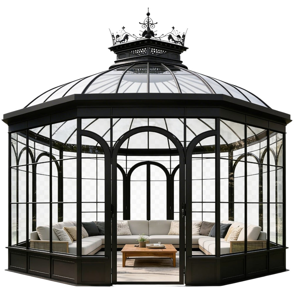 Domed glass garden pavilion with arched windows and decorative finial