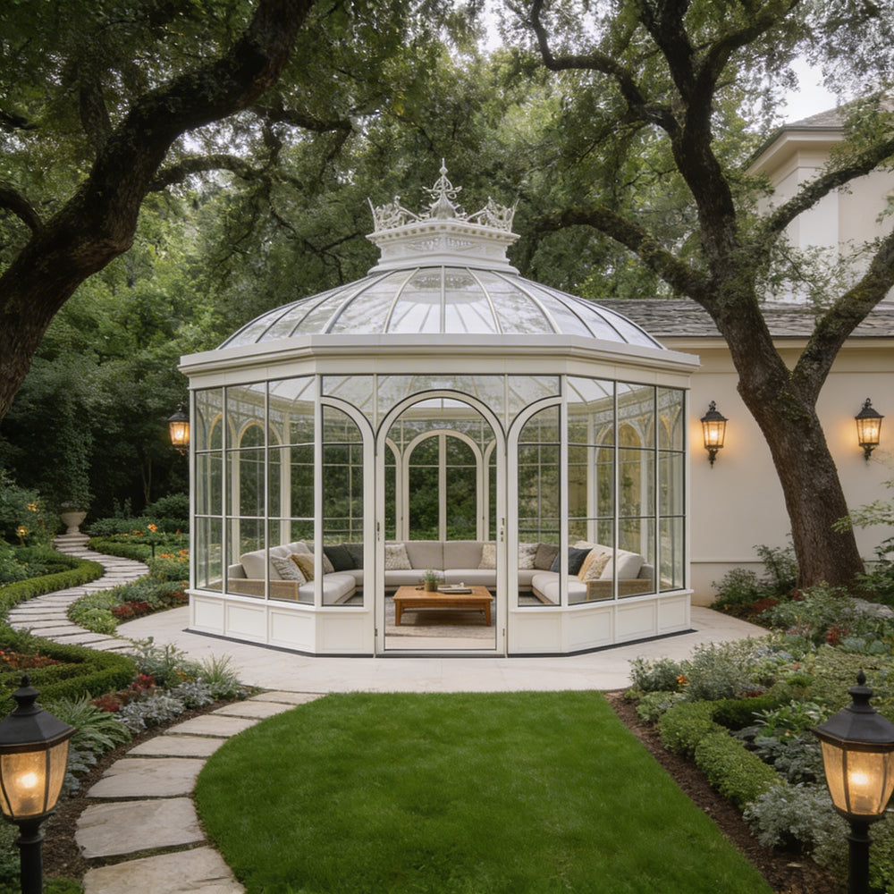 Elegant round pavilion with arched windows and central seatin