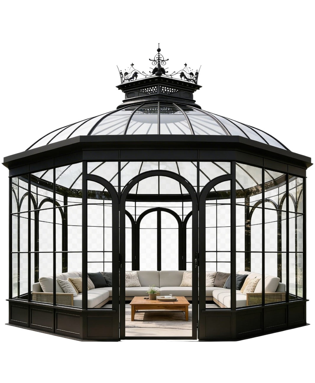 Ornate glass gazebo with a sofa inside on a white background