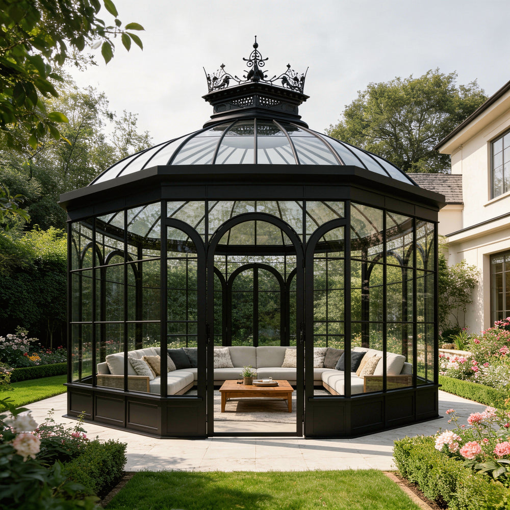 Freestanding circular sunroom with domed roof and seating area