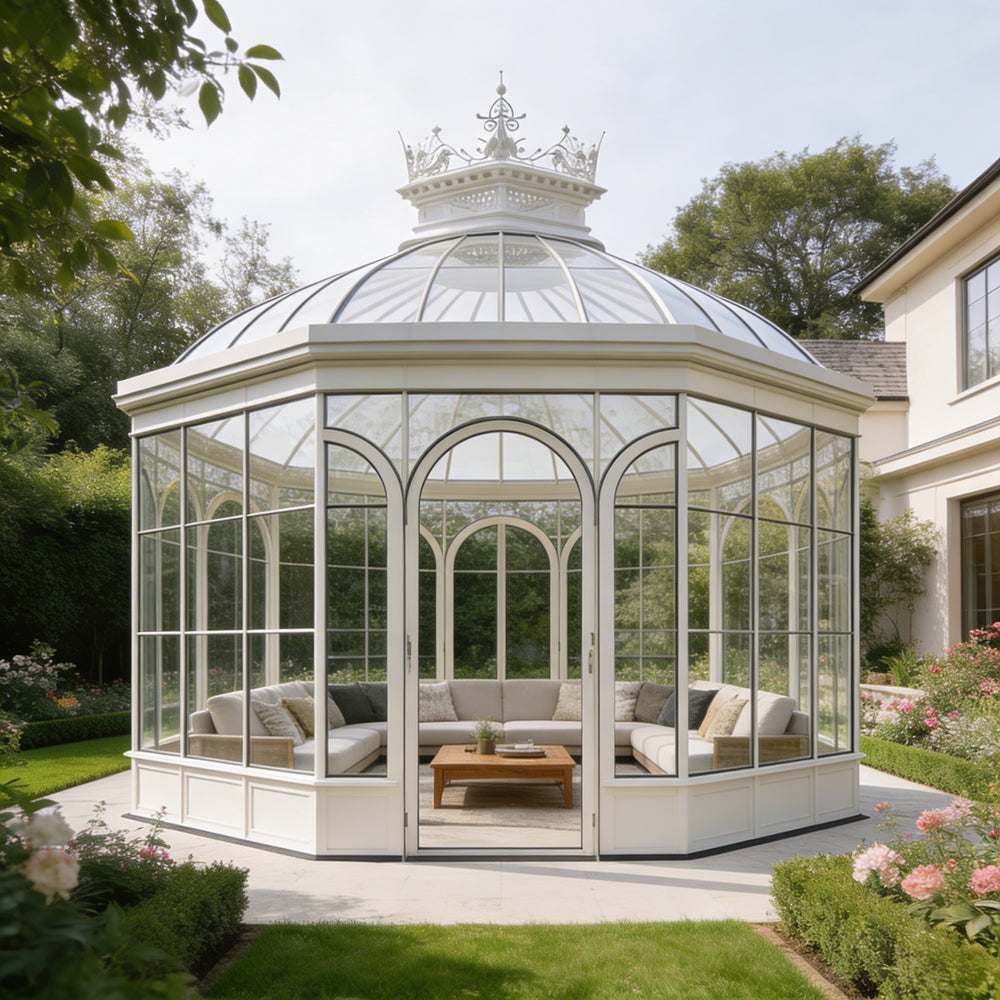 Luxury round conservatory with full‑height glass panels