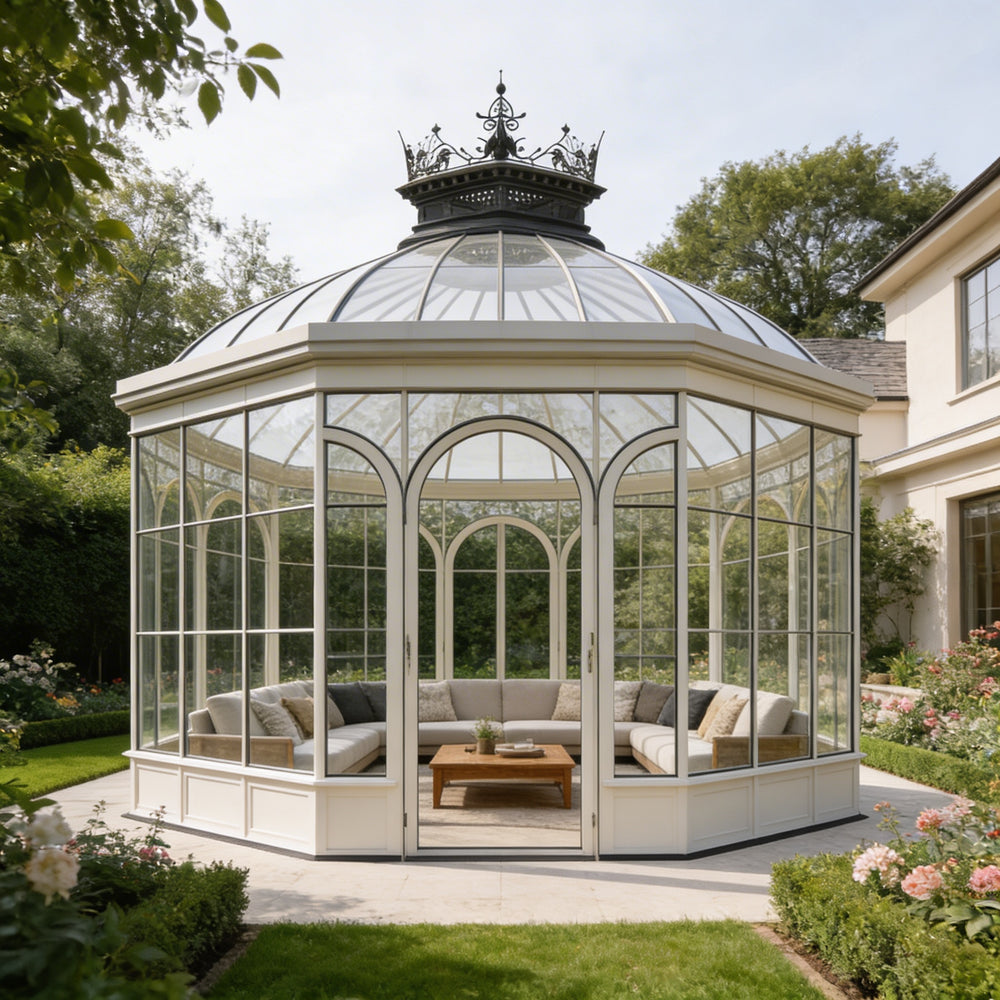 Glass garden pavilion with arched windows and stone patio base