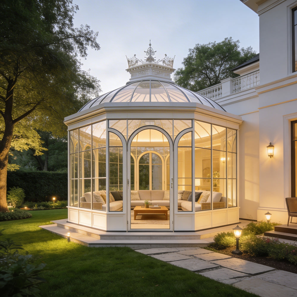 Glass garden pavilion with arched windows and stone patio base