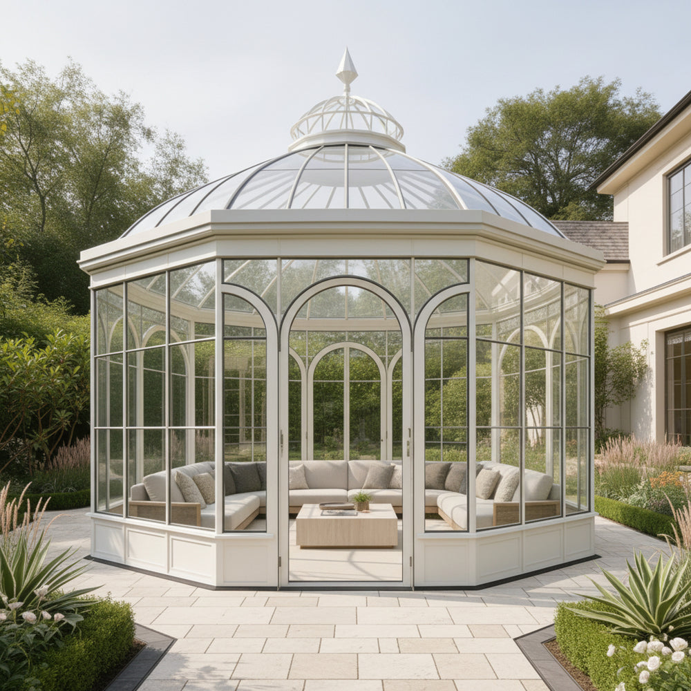 Round outdoor conservatory with dome roof and cushioned seating