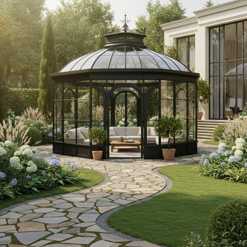 Luxury estate pavilion with glass walls and decorative finial