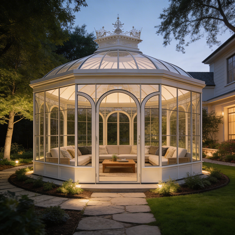 Circular glass sunroom surrounded by landscaped garden