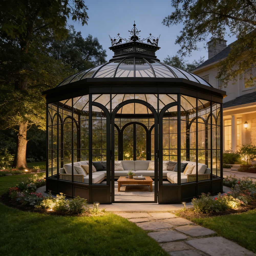 Freestanding domed conservatory with panoramic glass panels