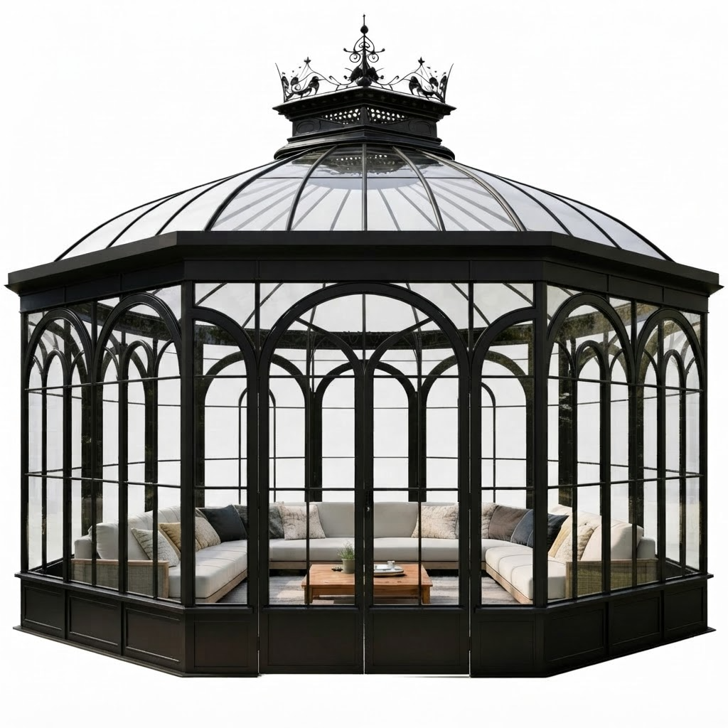 A large black metal gazebo with a glass domed roof and enclosed patio seating, shown on a plain white background.