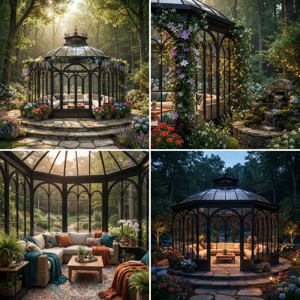A four-panel collage showing an outdoor glass-and-metal gazebo/凉亭 in different settings: sunlit forest, garden at dusk, furnished patio interior, and dark evening scene. The gazebo is the main product shown in real environments, so this fits Lifestyle rather than Product/Packaging.