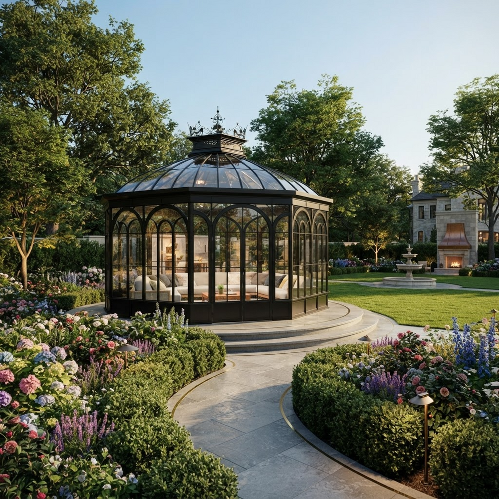 A large glass conservatory gazebo with a black metal frame stands in a beautifully landscaped garden with flower beds, manicured hedges, and a stone pathway leading up to it.