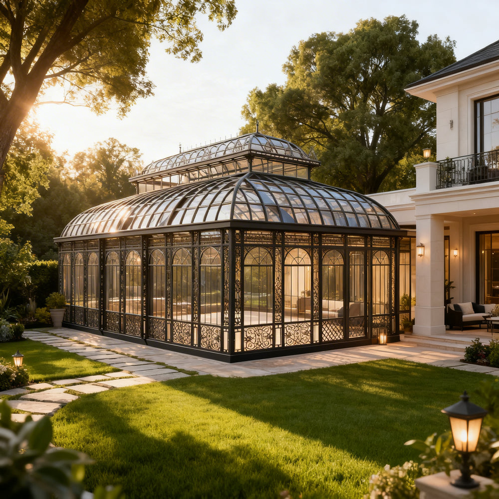 Victorian glass pavilion with decorative ironwork and multi‑panel roof