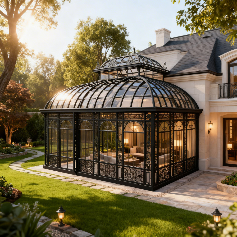 Orchard house with a large glass conservatory in a garden setting