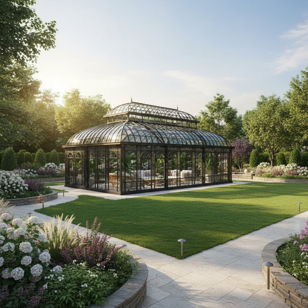 Orangery in a garden with green grass and flowers