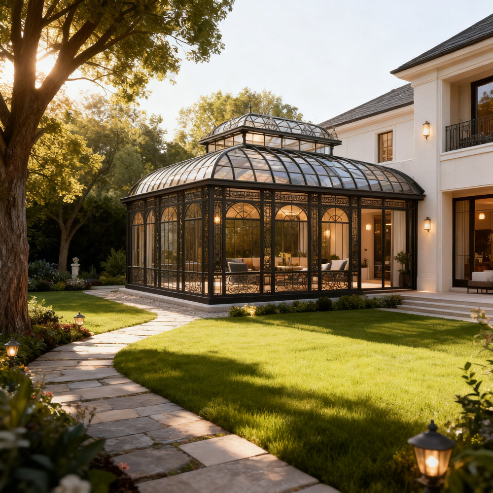 Orangery attached to a modern house with a well-maintained garden.