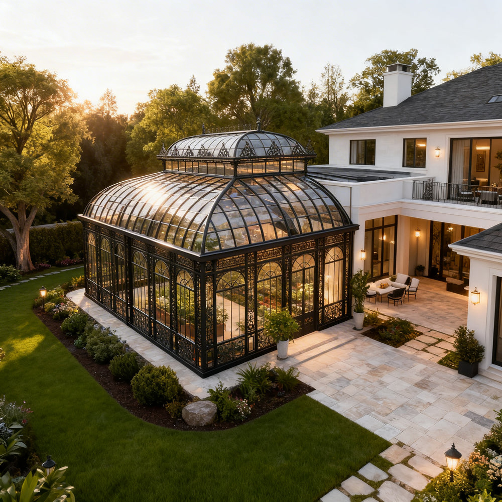 Orchard glasshouse in a garden setting with a house in the background