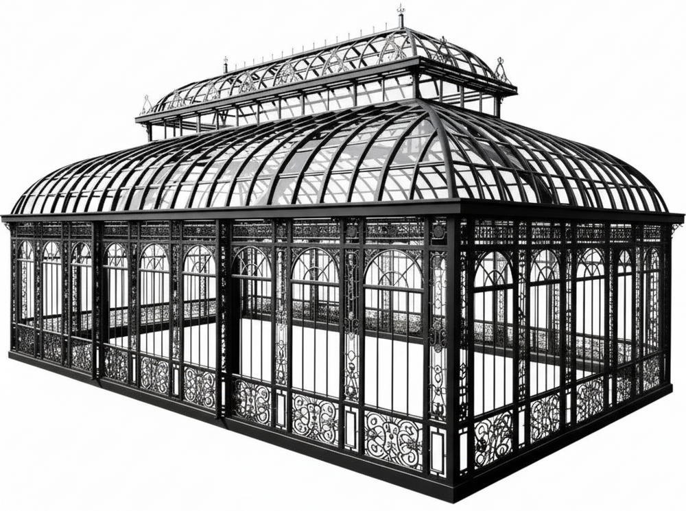 Victorian wrought‑iron glass conservatory with arched windows and raised roof lantern