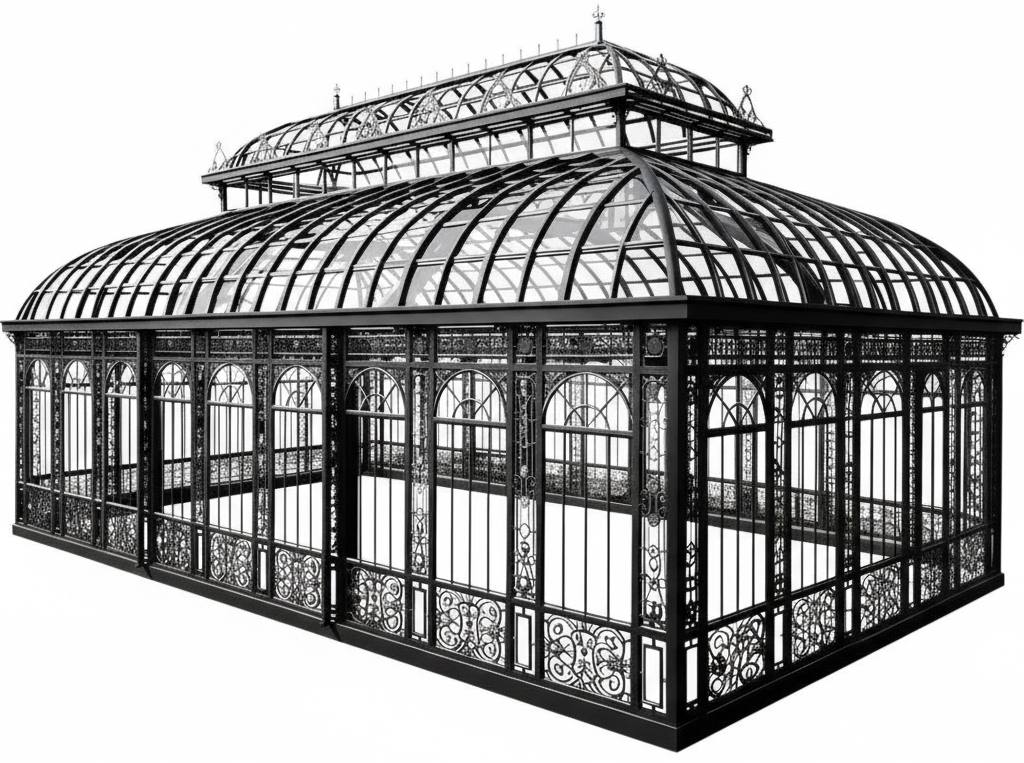 Victorian wrought‑iron glass conservatory with arched windows and raised roof lantern