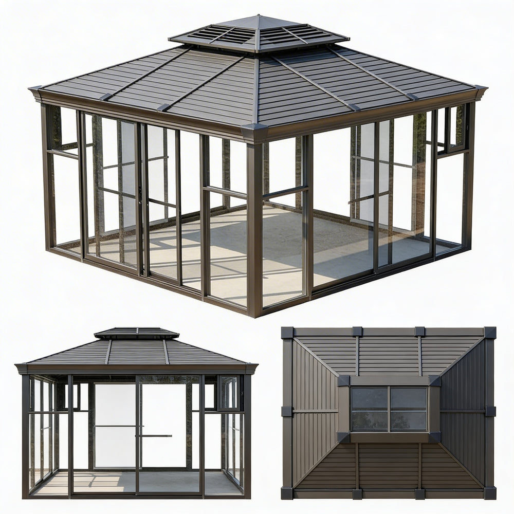 Architectural glass pavilion with metal frame and sliding doors