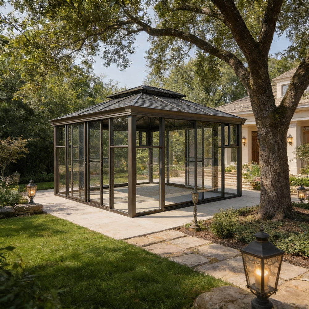 Freestanding glass structure with steel frame and sliding panels