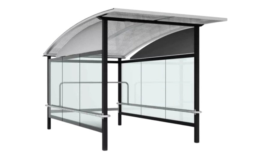Stainless steel handrail system inside TAIMCO shopping cart shelter for secure cart organization.