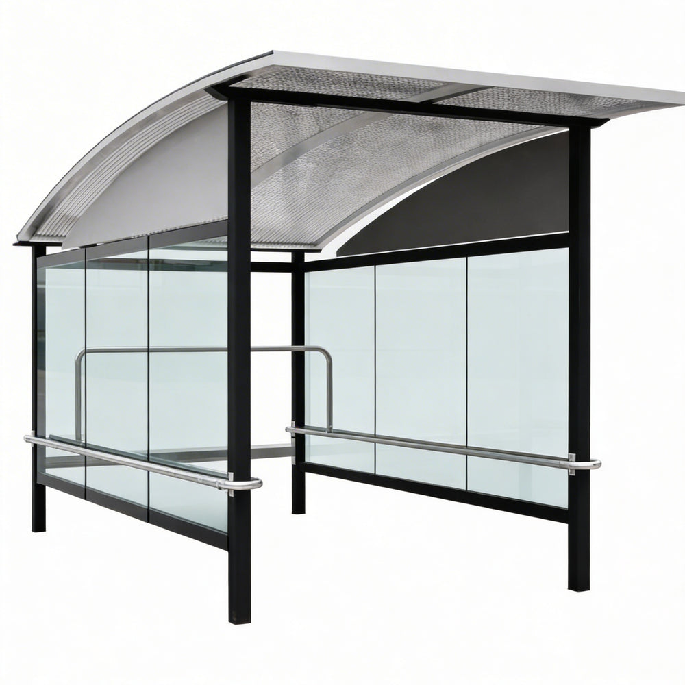 TAIMCO shopping cart shelter with curved perforated metal roof and glass side panels