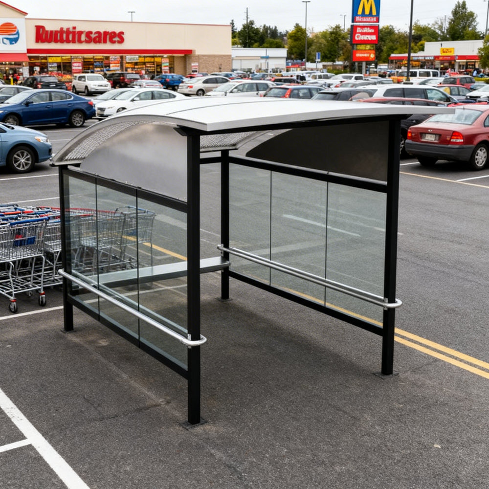 Black steel frame and precision‑welded joints on TAIMCO shopping cart shelter.