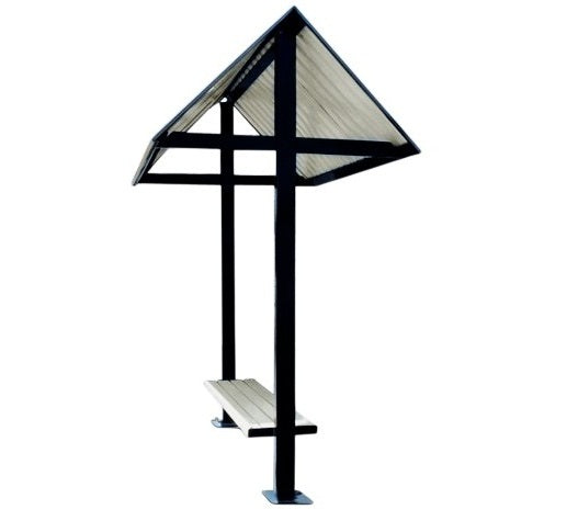 Bus stop shelter with a roof and bench on a white background