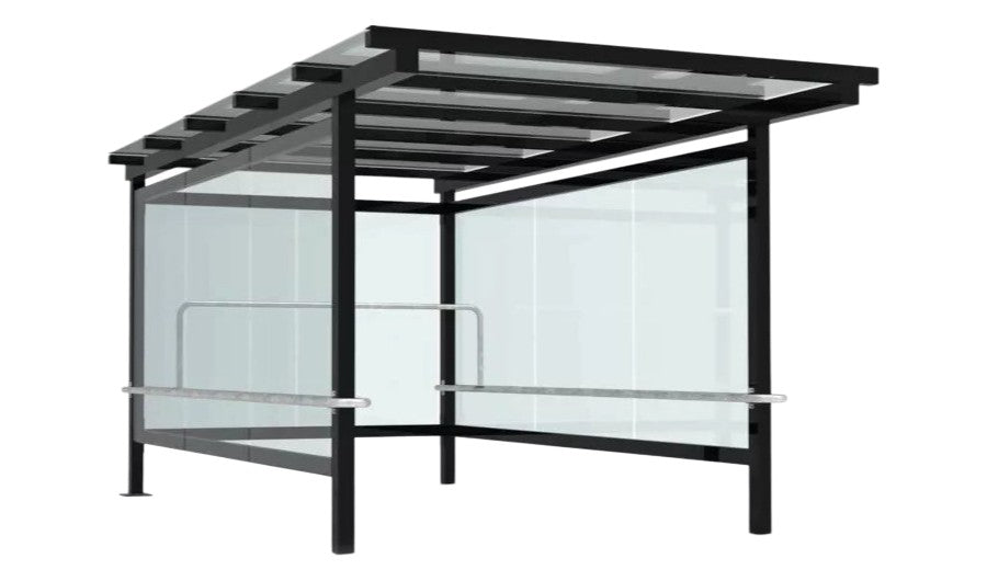 Stainless steel handrail system inside TAIMCO shopping cart shelter for secure cart organization.