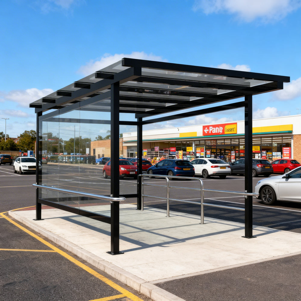 Close‑up of transparent roof panels on TAIMCO shopping cart shelter showing durable weather‑resistant design.