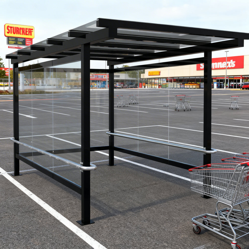 Precision‑welded black steel frame detail on TAIMCO shopping cart shelter.