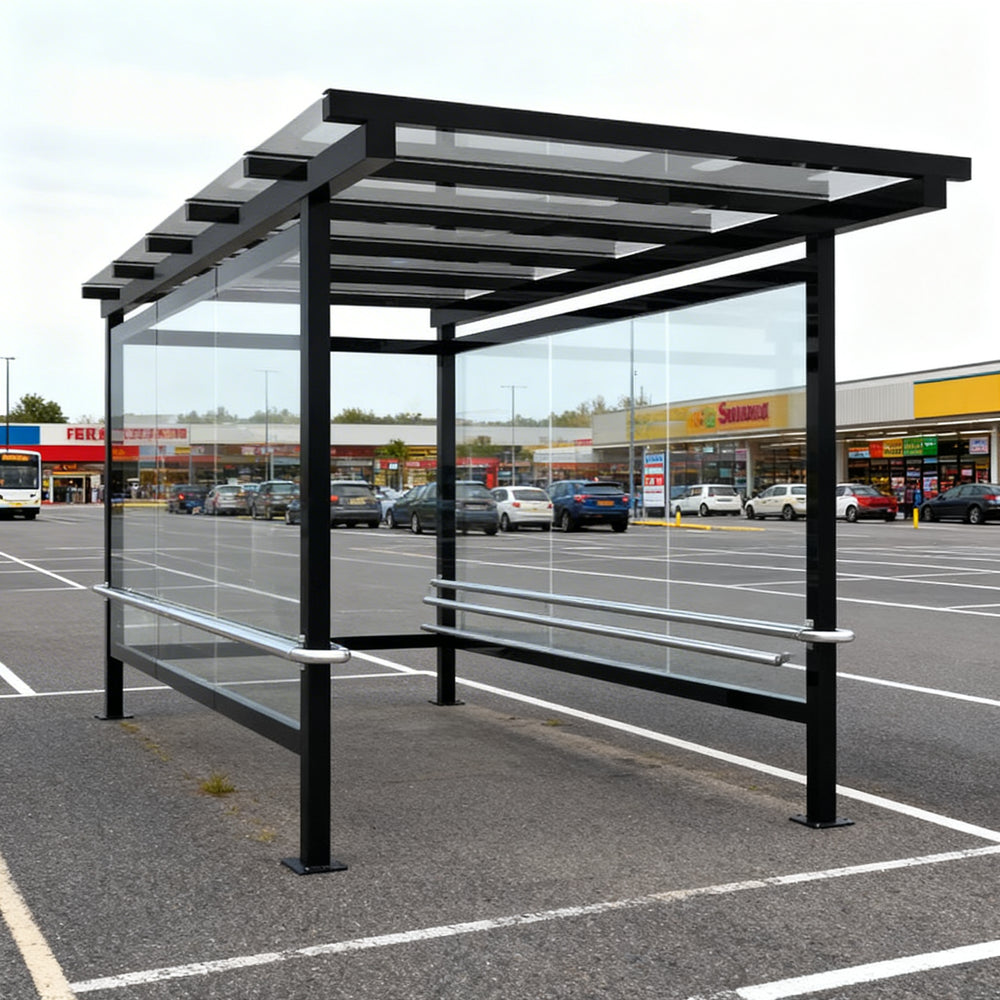 Structural beam and support detail of TAIMCO metal shopping cart shelter showcasing commercial‑grade fabrication.