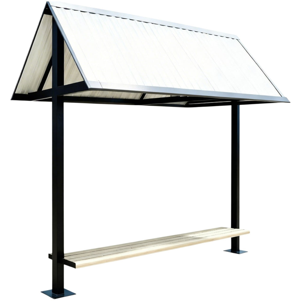 Black steel frame and precision‑welded joints on TAIMCO outdoor bench shelter.