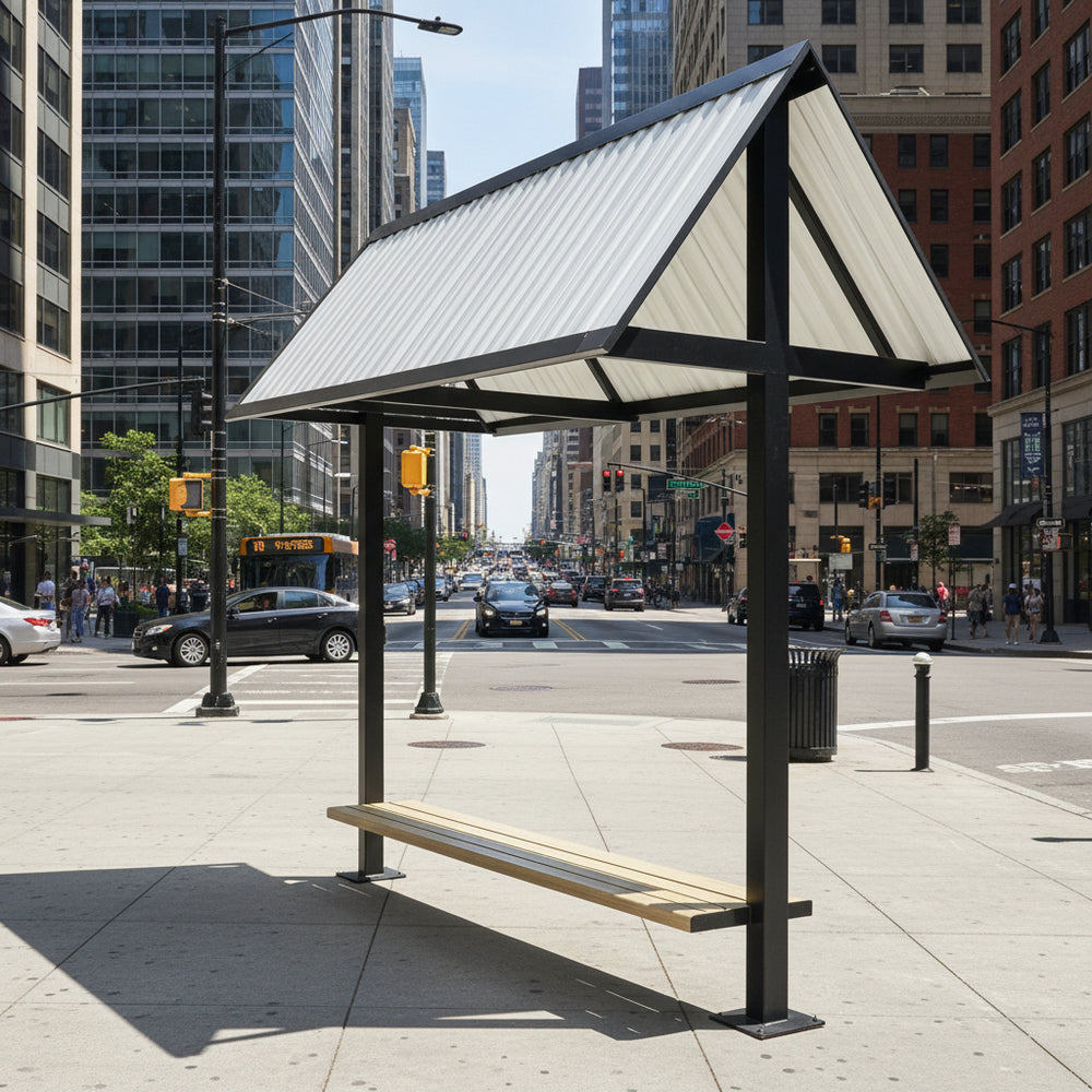 Close‑up of angled metal roof panels on TAIMCO bench shelter highlighting weather‑resistant construction.